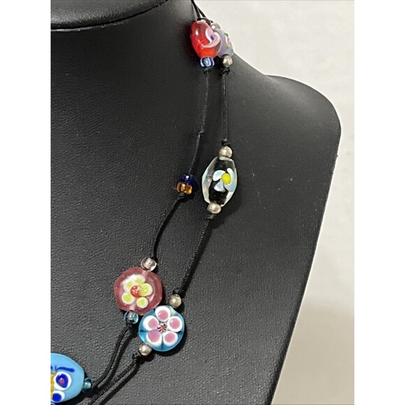 Set Of 2 Vintage Lampwork Art Glass Beaded Necklaces Flowers Butterflies 15” - Picture 4 of 7